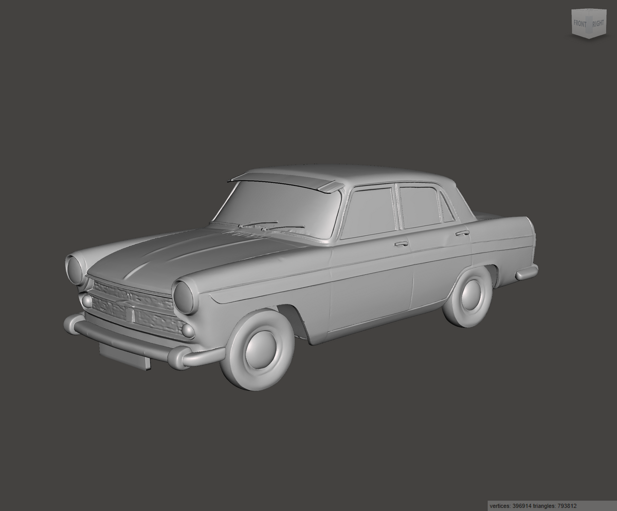 A grayscale 3D model rendering of a vintage four-door sedan car on a dark gray background.