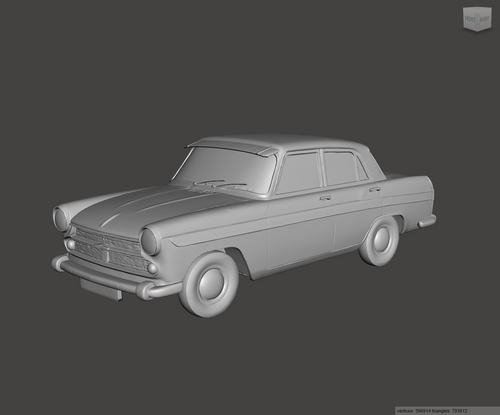 A grayscale 3D model rendering of a vintage four-door sedan car on a dark gray background.