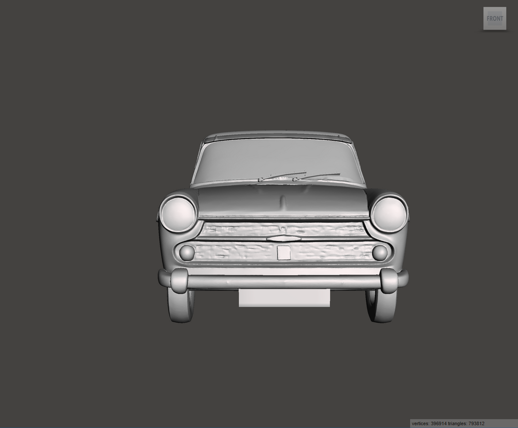 A 3D digital model of a vintage car front view, shown in a gray isometric render on a dark gray background.